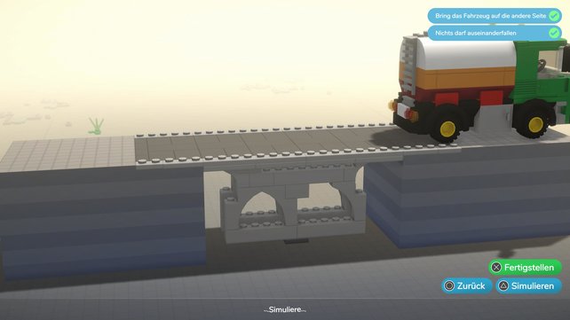 Die fertige Brücke hat unten zwei Säulen und oben einen doppelten Boden, damit der LKW erfolgreich drüberfahren kann. (Quelle: Screenshot spieletipps.de)