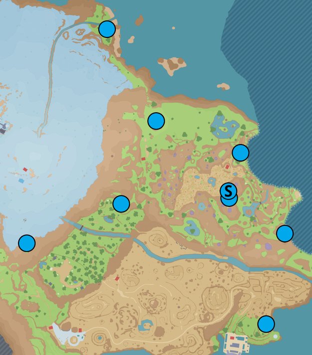 Die Karte zeigt euch die Fundorte des blauen Schreins (S) und der dazugehörigen Pfähle. (Quelle: mapgenie.io