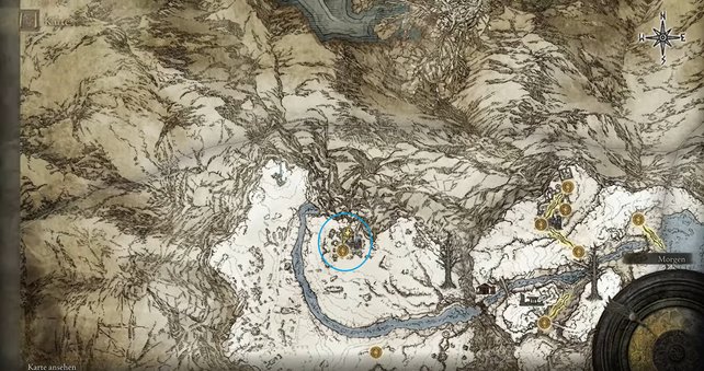 Sucht die blaue Markierung im Norden des geweihten Schneefeldes auf, um Ordina, die Stadt der Liturgien zu finden. (Quelle:spieletipps.de)