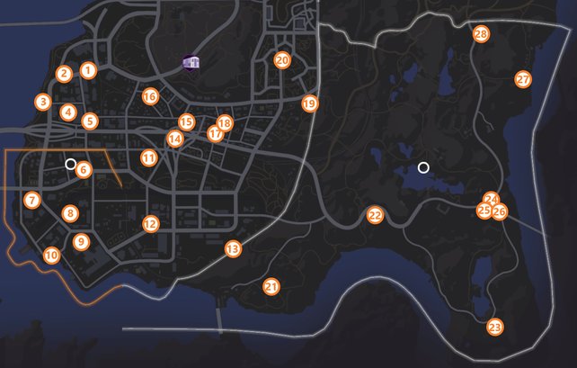 Karte mit allen Sammelobjekten in Mercado, Smelterville, Providencia & südliche Rojas-Wüste (Quelle: Screenshot spieletipps).