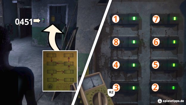 Hier seht ihr den Zugangscode zum zweiten Stromkasten und die Reihenfolge, in der ihr die Knöpfe drücken müsst, um den Strom einzuschalten (Bildquelle: Screenshot spieletipps.de).