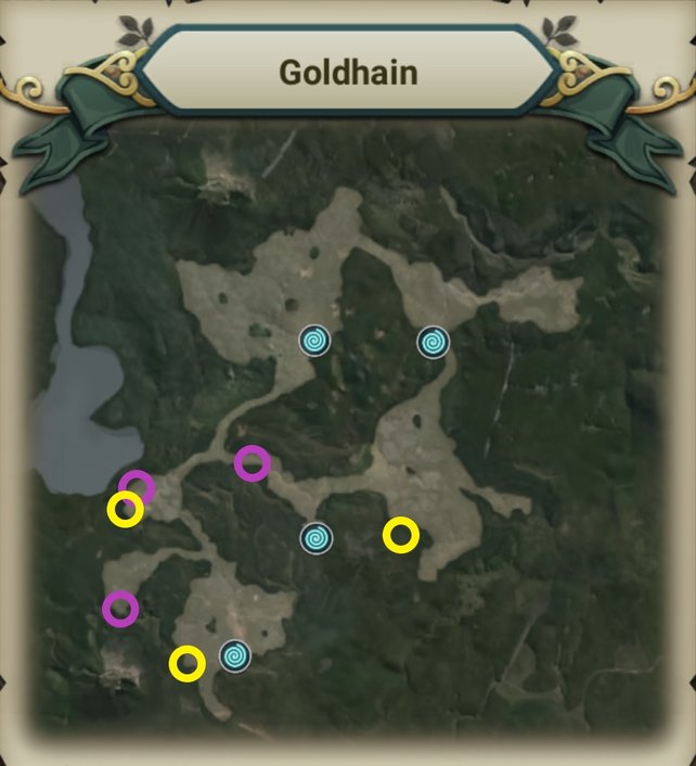 Schatzkisten (Gelb) und Aussichtspunkte (Lila) im Goldhain (Quelle: Screenshot spieletipps).