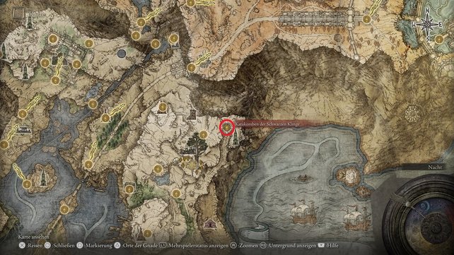 Die Karte zeigt euch den Fundort der Katakomben der Schwarzen Klinge in Elden Ring.