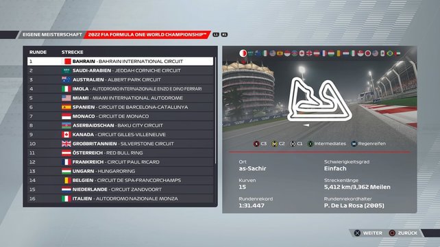 Die Bahrain-Strecke in F1 2022. (Quelle: Screenshot spieletipp)