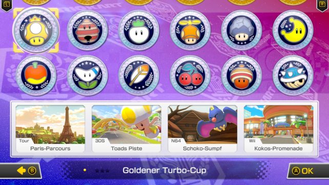 Für den Booster-Streckenpass gibt es in Mario Kart 8 Deluxe eine separate Cup-Übersicht. (Quelle: Screenshot spieletipps)
