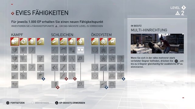 An den blauen und roten Symbolen erkennt ihr spezielle Fähigkeiten von Jacob oder Evie.