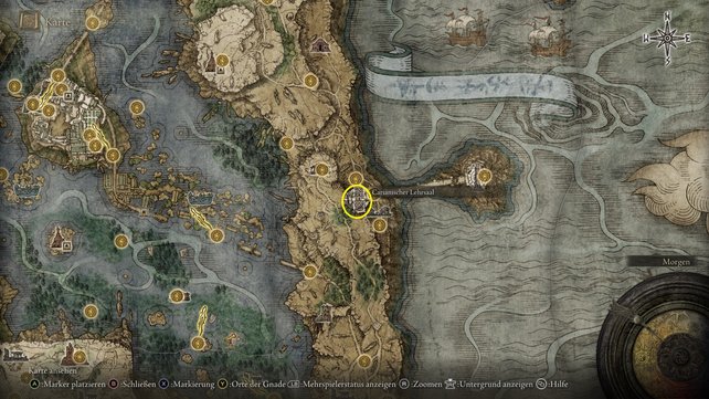 Sucht die gelbe Markierung auf, um den carianischen Lehrsaal zu finden. (Quelle: Screenshot spieletipps)