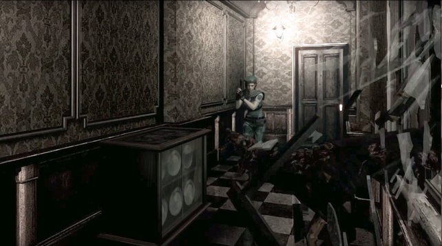 Resident Evil: Fensterscheiben klirren, Zombie-Hunde fallen  Jill Valentine an.