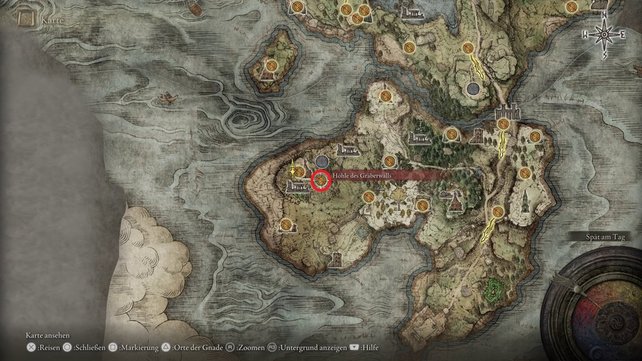 Die Karte zeigt euch den Fundort der Höhle des Gräberwalls in Elden Ring. (Quelle: Screenshot spieletipps)