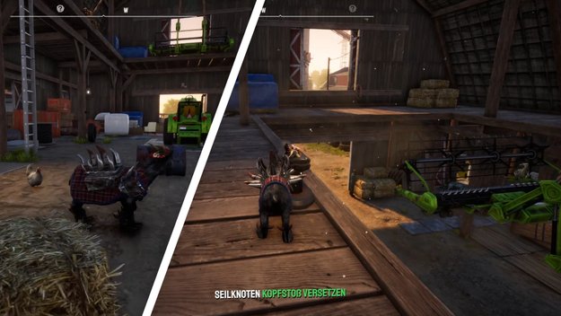 Wenn ihr diese Leiter nehmt, könnt ihr mit zwei beherzten Kopfstößen den Mähdrescher reparieren. (Bildquelle: Screenshot spieletipps)