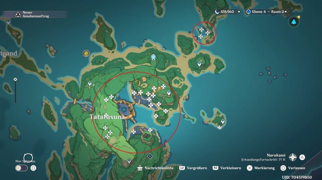 Sucht die eingekreisten Standorte auf, um das Naku-Kraut auf der Insel Kannazuka zu ernten.