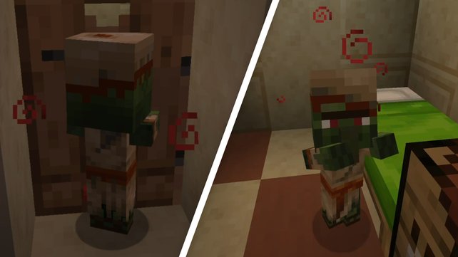 Die Wirbel und roten Augen zeigen, dass der Zombie-Villager bald geheilt sein wird. (Quelle: Screenshot spieletipps)