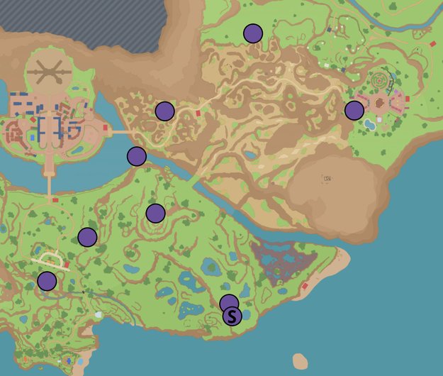 Die Karte zeigt euch die Fundorte des violetten Schreins (S) und der dazugehörigen Pfähle. (Quelle: mapgenie.io)