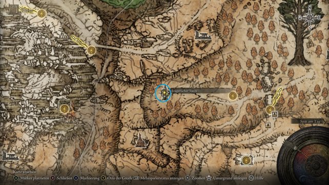 Sucht die blaue Markierung im Altus Plateau auf, um den Standort des trügerischen Turm zu finden. (Quelle: Screenshot spieletipps)