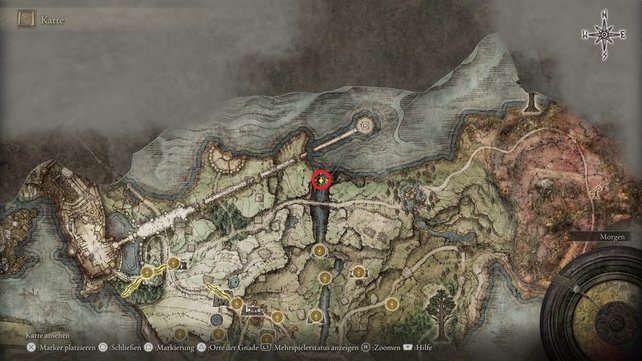 Die Karte zeigt euch den Fundort der Hochstraßen-Höhle in Elden Ring. (Quelle: Screenshot spieletipps)