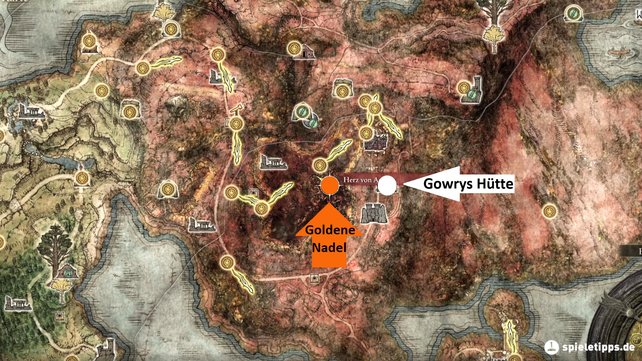 Der weiße Punkt auf der Karte von Elden Ring zeigt euch den Fundort von Gowrys Hütte, den Start von Millicents Quest. Der orange Punkt zeigt euch den Fundort der goldenen Nadel. (Quelle: Screenshot spieletipps)
