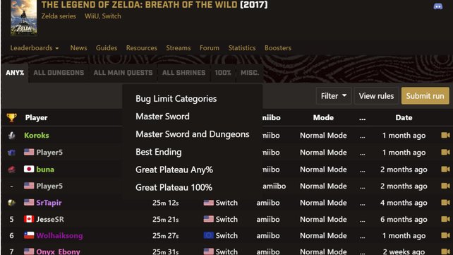 In The Legend of Zelda: Breath of the Wild gibt es sehr viele Kategorien für Speedruns. (Bildquelle: speedrun.com, Screenshot spieletipps)