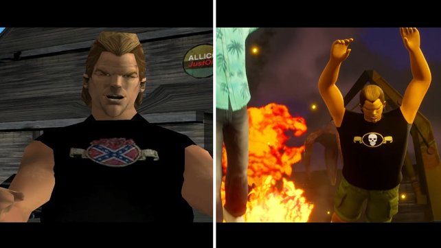 Links ist Phil Cassidy im Original von GTA: Vice City zu sehen. Rechts sein Outfit im Trilogy-Remaster. Bild: Rockstar Games / Kotaku