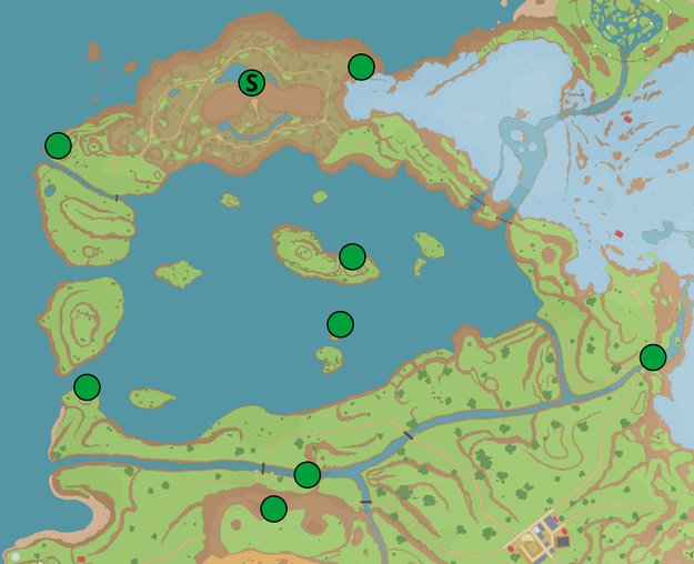 Die Karte zeigt euch die Fundorte des grünen Schreins (S) und der dazugehörigen Pfähle. (Quelle: mapgenie.io)