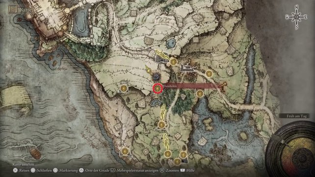 Die Karte zeigt euch den Fundort der Hainhöhle in Elden Ring. (Quelle: Screenshot spieletipps)