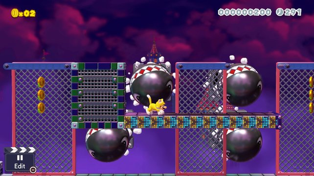 Katzen-Mario hat alle Fähigkeiten aus Super Mario 3D World behalten und kann unter anderem Wände hinauflaufen.