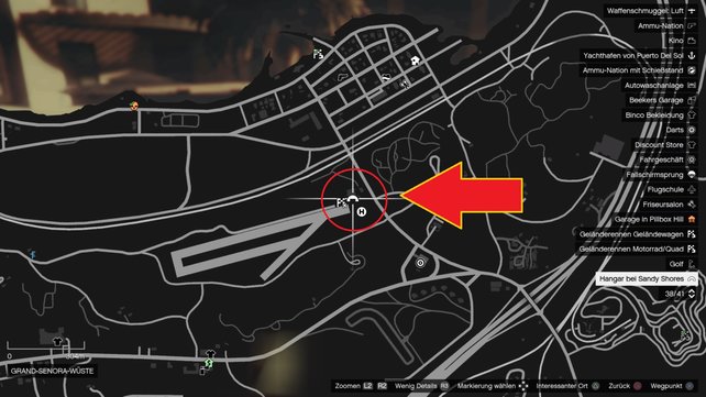 Sucht die rote Markierung auf, um den Hanger in Sandy Shores zu finden, welcher der Standort für euren Panzer ist.