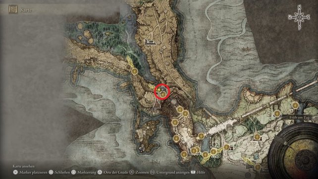 Die Karte zeigt euch den Fundort der Stillwasserhöhle in Elden Ring. (Quelle: Screenshot spieletipps)