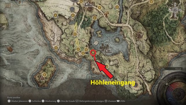Auf der Karte haben wir den Höhleneingang markiert, der euch zum Haligdrachentalisman in der Höhle des Wissens führt. (Quelle: Screenshot spieletipps)