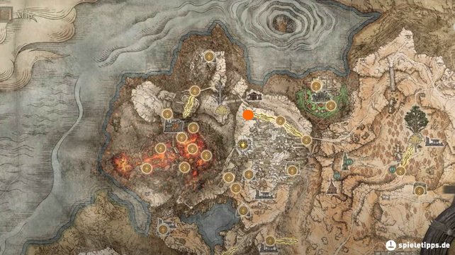 Auf dieser Karte findet ihr den Fundort von Patches in Gelmir. Der nächste Schnellreisepunkt ist Erstes Gemirlager. (Quelle: Screenshot spieletipps)