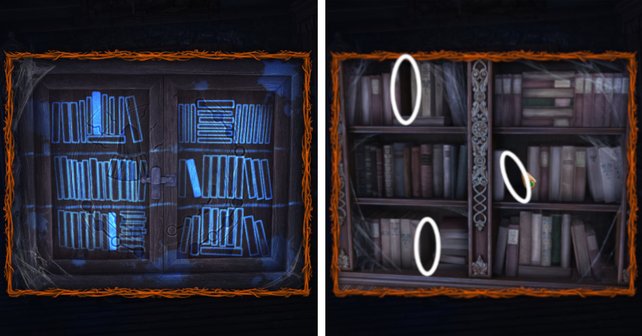 Wählt rechts das Bücherregal an und klickt entsprechend der Zeichnung auf den Fensterläden auf die drei hervorgehobenen Bücher.