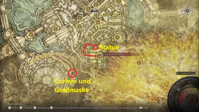 Die Karte zeigt euch den Fundort der Statue sowie den Standort von Corhyn und der goldenen Maske. (Quelle: Screenshot spieletipps)