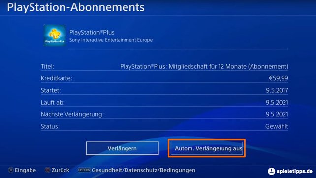 An dieser Stelle im PS4-Menü findet ihr den Button, mit dem ihr das PS-Plus-Abo kündigen könnt. (Quelle: Screenshot spieletipps.de)
