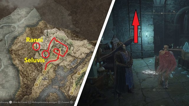 Auf der Karte haben wir Ranni sowie auch den Weg Seluvis' Turm eingezeichnet. (Quelle: Screenshot spieletipps)