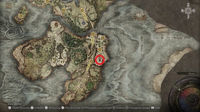 Die Karte zeigt euch den Fundort von Oridys' Turm in Elden Ring. (Quelle: Screenshot spieletipps)