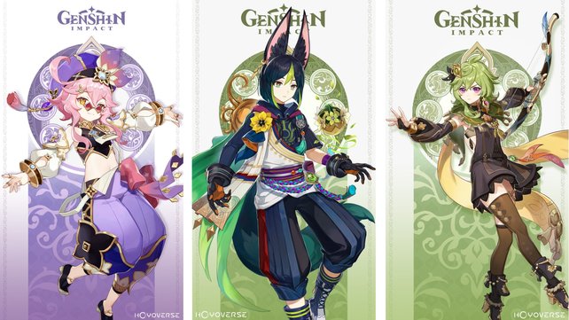 So sehen die drei diskutierten Genhin-Impact-Figuren aus. Von links nach rechts: Dori, Tighnari und Collei. (Bildquelle: Twitter/Genshin Impact)