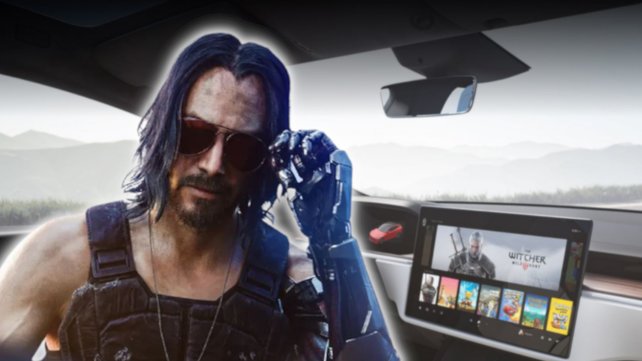 In einem Auto läuft Cyberpunk 2077 besser, als auf der PS4. Bildquelle: Tesla