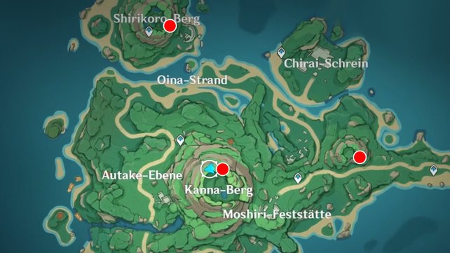 Die Karte zeigt euch die Fundorte der gesuchten Seelien auf Tsurumi.