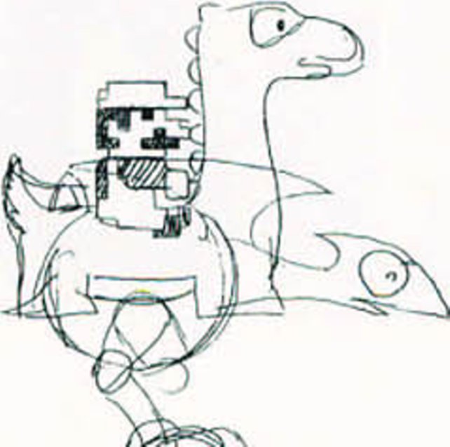 Eine von vielen Skizzen, die ein schwärmerischer Miyamoto irgendwann in der zweiten Hälfte der Achtziger in seinem Büro liegenließ. Er scheint sich noch nicht ganz sicher zu sein, ob Mario auf einem Pferd, einem Vogel oder Dinosaurier aufsitzen soll.