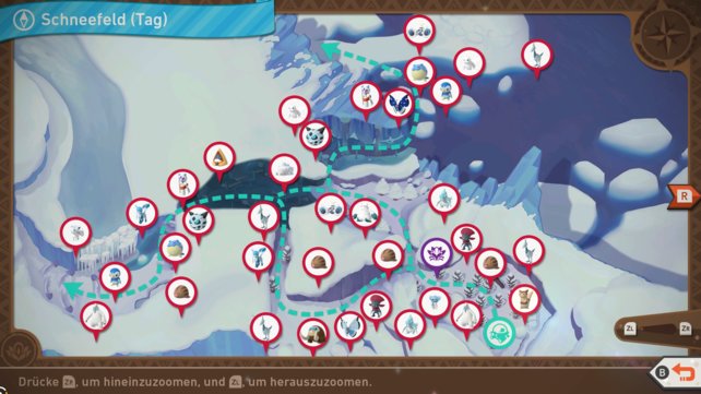 Karte mit Pokémon-Fundorten auf der Strecke „Schneefeld (Tag)“.