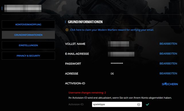 Über die offizielle CoD-Seite könnt ihr ebenfalls die Activision-ID wechseln.