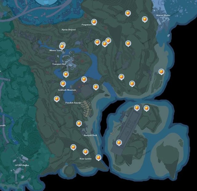 Die Karte zeigt euch die Fundorte aller Goldkerne in den Kronenminen. (Bildquelle: appsample.com)
