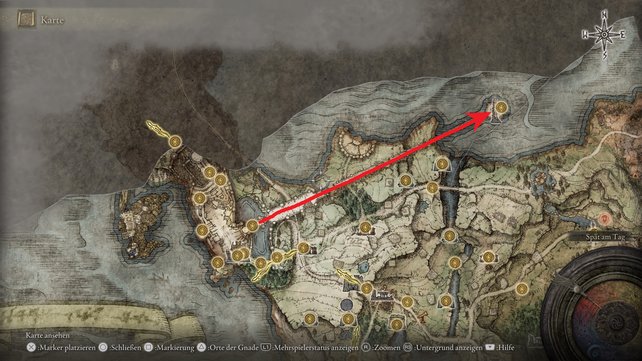 Das ist der Weg, den ihr zum Wiederherstellen der Großen Rune von Godrick gehen müsst. (Quelle: Screenshot spieletipps)