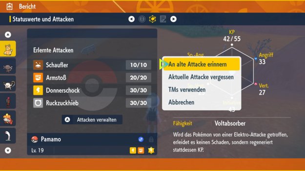 Im Bericht eines Pokémon könnt ihr es jederzeit an alte Attacken erinnern lassen. (Quelle: Screenshot spieletipps)