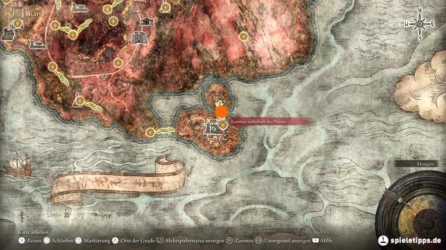 Das Trümmergroßschwert bekommt ihr, wenn ihr den Boss auf Schloss Rotmähne im Süden von Caelid besiegt. Den Fundort des Kampfes markiert der orange Punkt auf der Karte. (Quelle: Screenshot spieletipps.de)