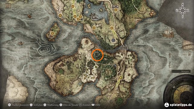 Die Halbmenschenkönigin befindet sich in den eingezeichneten Ruinen auf der Karte von Elden Ring. (Quelle: Screenshot spieletipps)