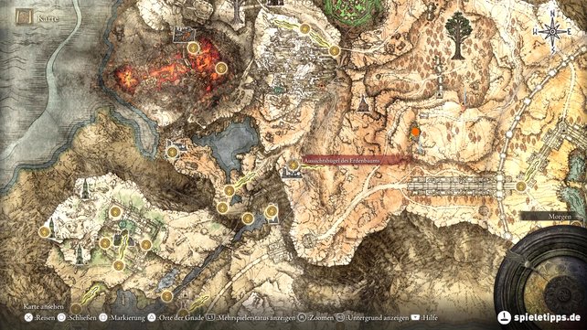 Der orange Punkt auf der Karte zeigt euch, wo ihr den Sternenlichtbernstein in Elden Ring finden werdet. (Quelle: Screenshot spieletipps)