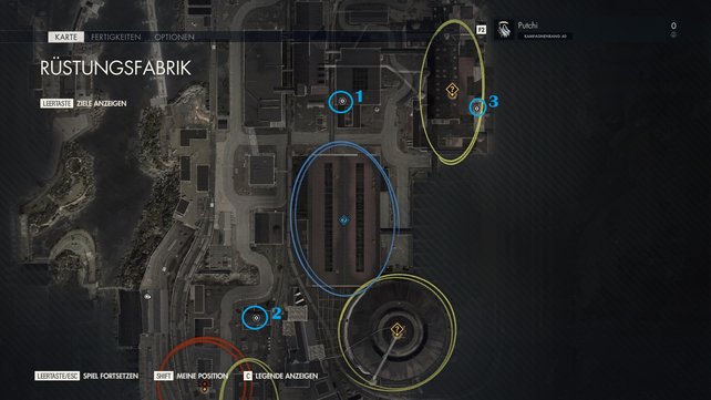 Sucht die blauen Markierungen auf, um alle Werkbänke in der Mission "Rüstungsfabrik" zu finden. (Quelle: spieletipps.de)