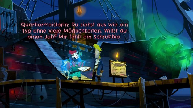 Zwar fehlt der Quartiermeisterin ein Scrubbie, doch Guybrush lässt sie trotzdem auf das Schiff. (Quelle: Screenshot spieletipps.de)