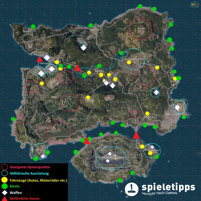 Diese Karte zeigt euch Fundorte von Waffen und Fahrzeugen in Playerunknown's Battleground.
