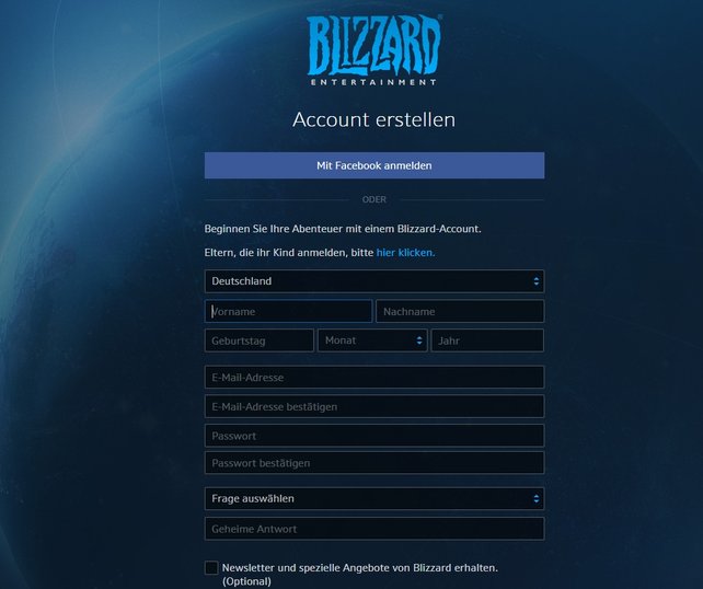 Das Anlegen eines eigenen Blizzard-Accounts ist nicht wirklich schwierig. Ihr könnt, wenn ihr wollt, auch euren Facebook-Account nutzen.